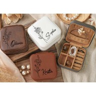 Custom Birth Flower Jewelry Organizer,Engraved Leather Jewelry Case, Personalized Floral Travel Jewelry Box,Bridesmaid Proposal Gifts HawkeGifts