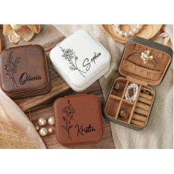 Custom Birth Flower Jewelry Organizer,Engraved Leather Jewelry Case, Personalized Floral Travel Jewelry Box,Bridesmaid Proposal Gifts HawkeGifts